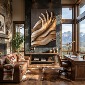 Hand-Carved Solid Wood Wall Sculpture with Reaching Hand Relief and Flowing Wave Form