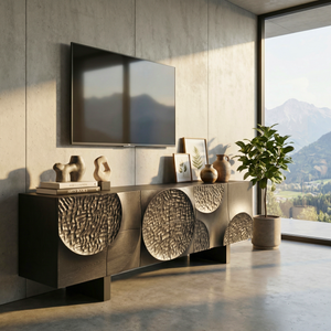 Solid Wood TV Cabinet with Sculptural Carved Doors for Organic Modern Interiors