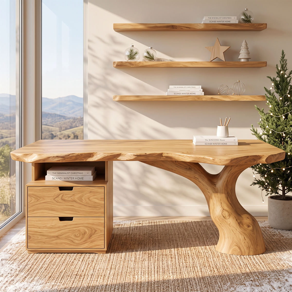 Live Edge Solid Wood Desk with Sculptural Tree Leg and Built In Drawer Cabinet