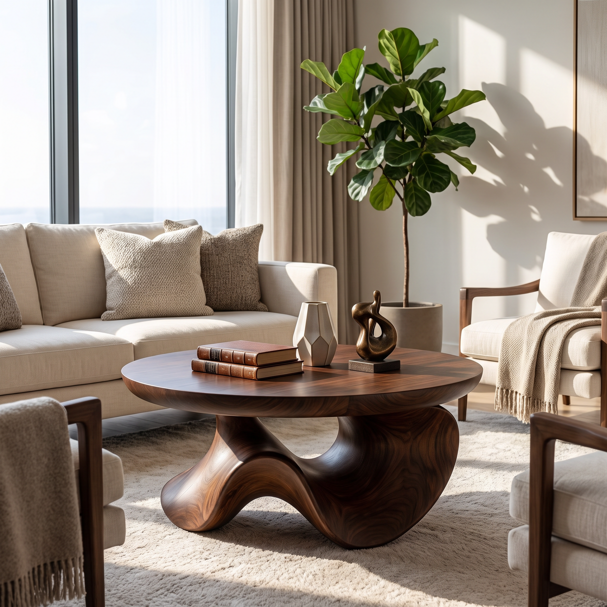 Coffee Table Solid Wood with Sculptural Organic Arch Base for Living Room