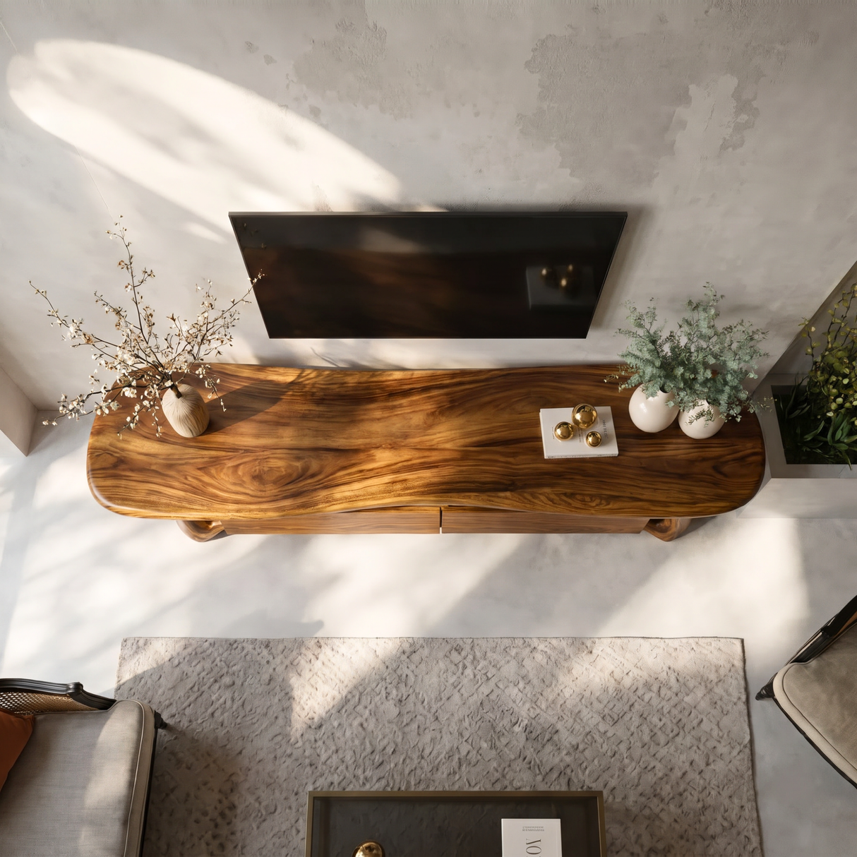 Organic Solid Wood TV Stand with Sculptural Loop Legs and Storage Drawers