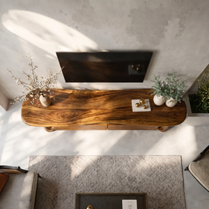 Organic Solid Wood TV Stand with Sculptural Loop Legs and Storage Drawers