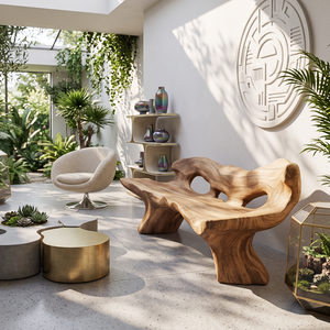 Handcrafted Outdoor Solid Wood Garden Bench with Sculptural Organic Backrest