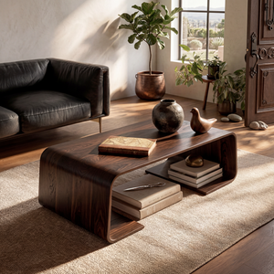 Solid Wood Coffee Table with Waterfall Form and Open Shelf
