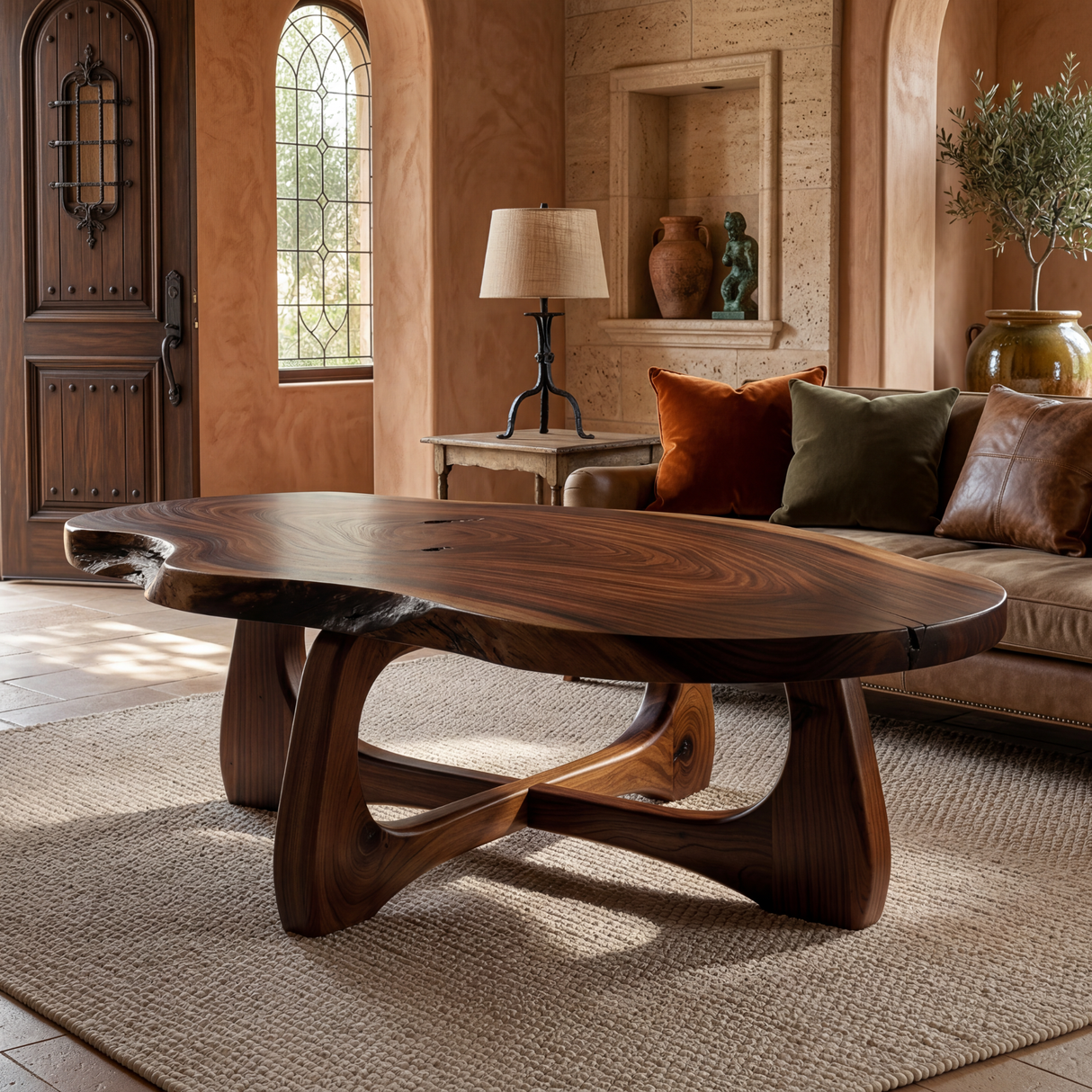 Live Edge Solid Wood Coffee Table with Sculptural Open Base