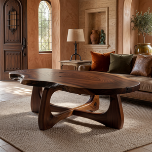 Live Edge Solid Wood Coffee Table with Sculptural Open Base