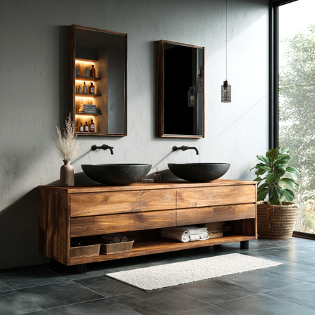 Wood Double Bathroom Vanity with Drawer Storage and Open Shelf