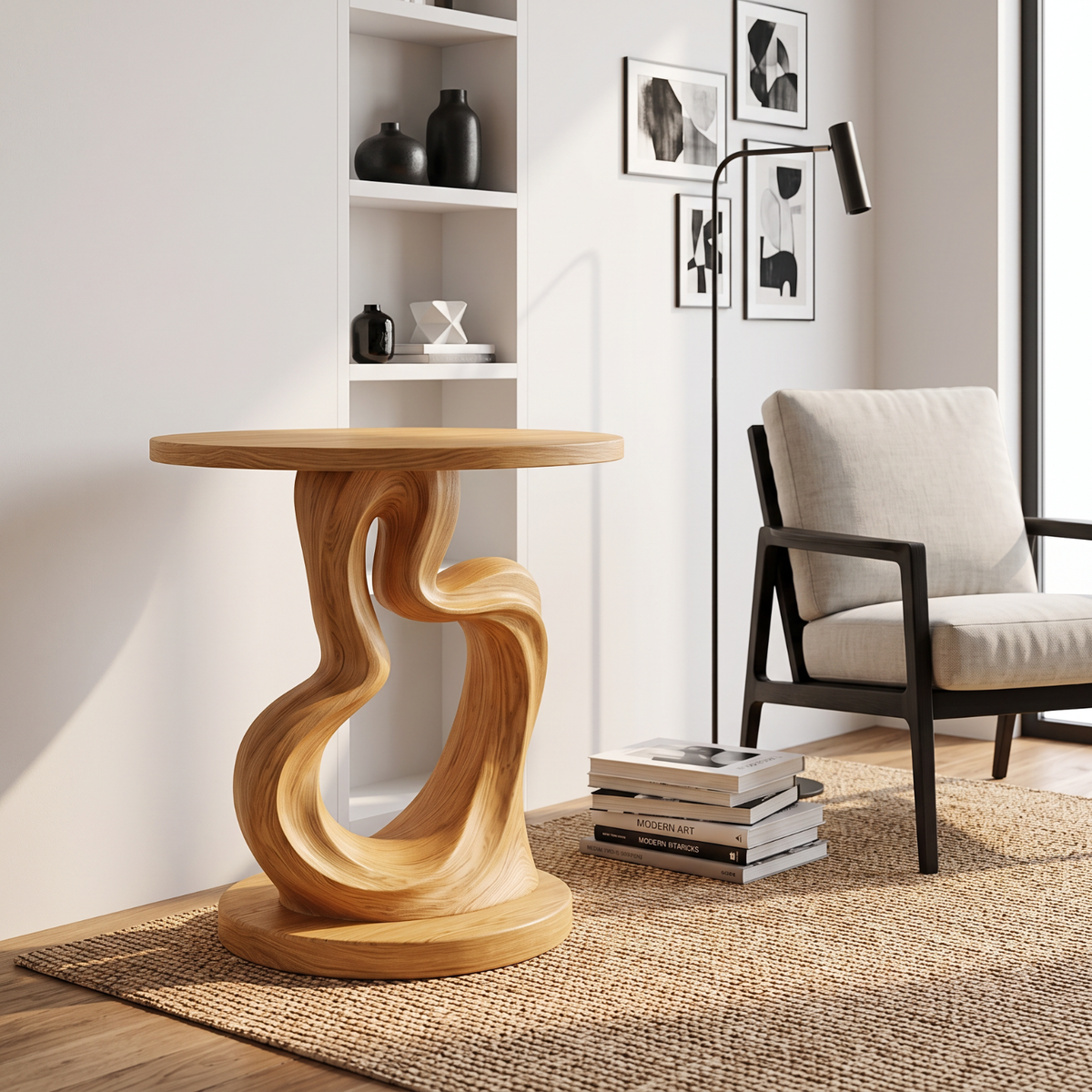 Organic Solid Wood Side Table with Sculptural Loop Base