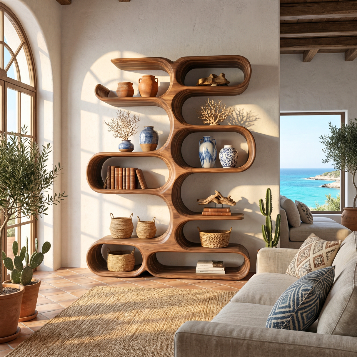 Handcrafted Solid Wood Organic Wall Bookcase with Curved Open Shelves