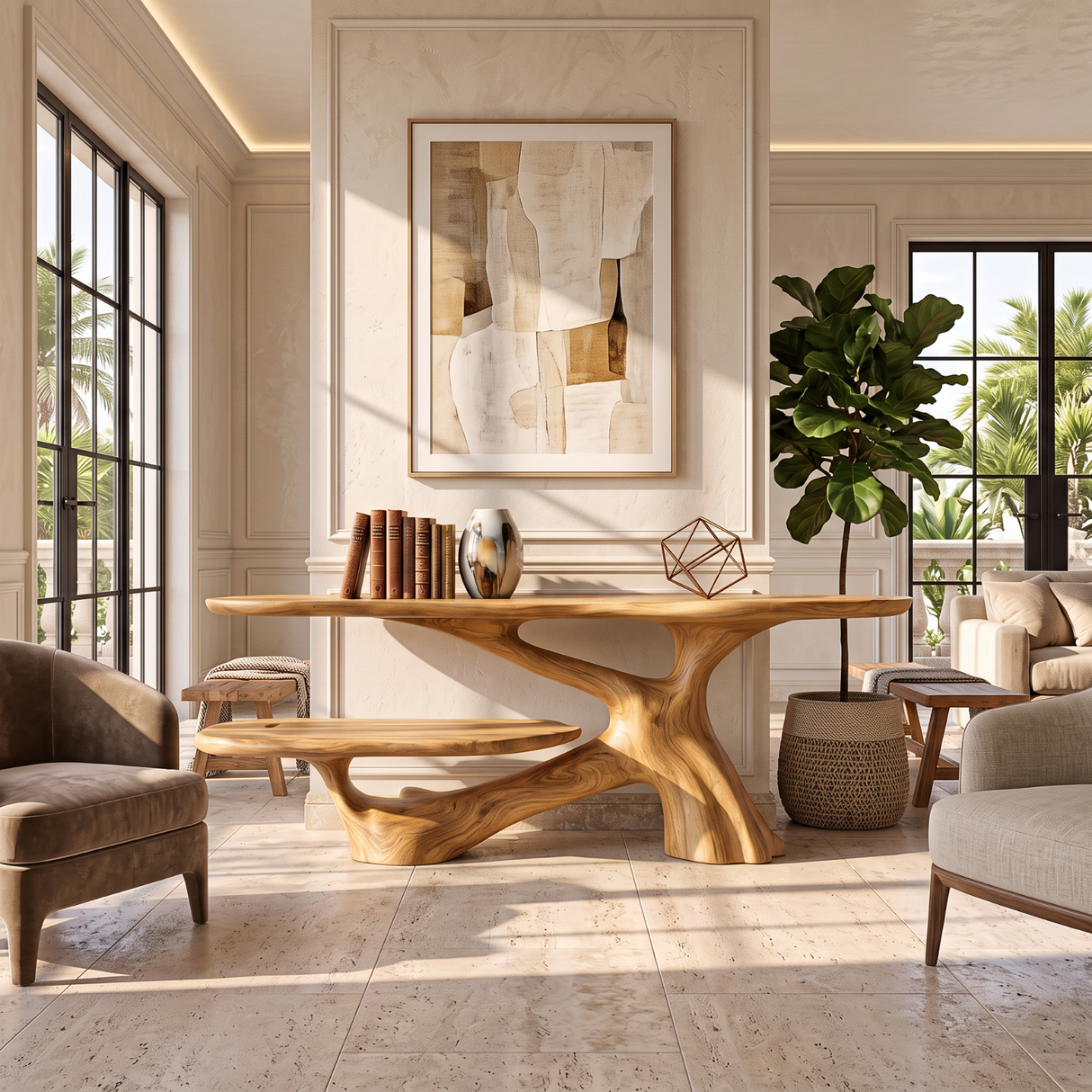 Console Table Solid Wood with Two Tier Shelf and Sculptural Branch Base