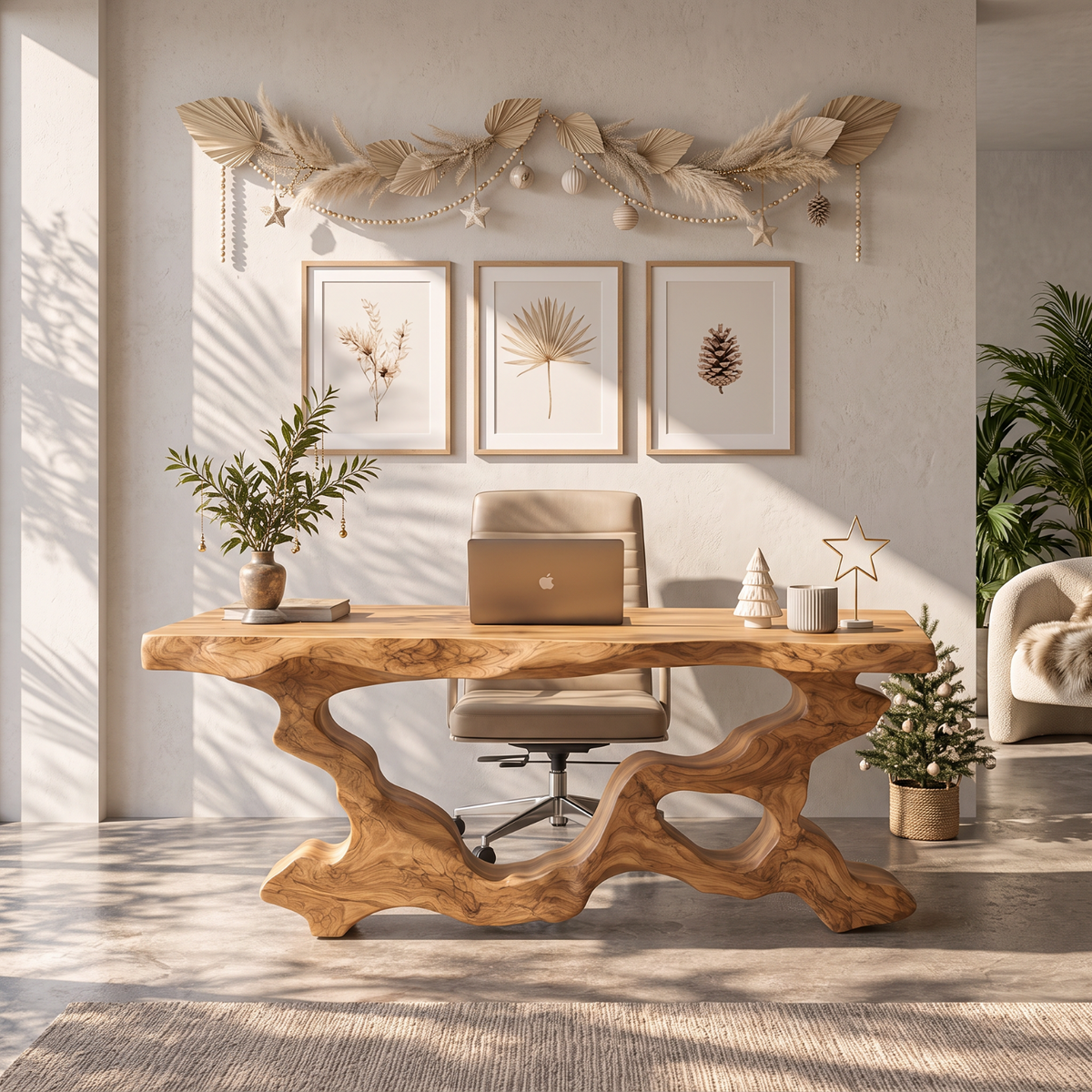 Live Edge Solid Wood Executive Desk with Sculptural Root Frame