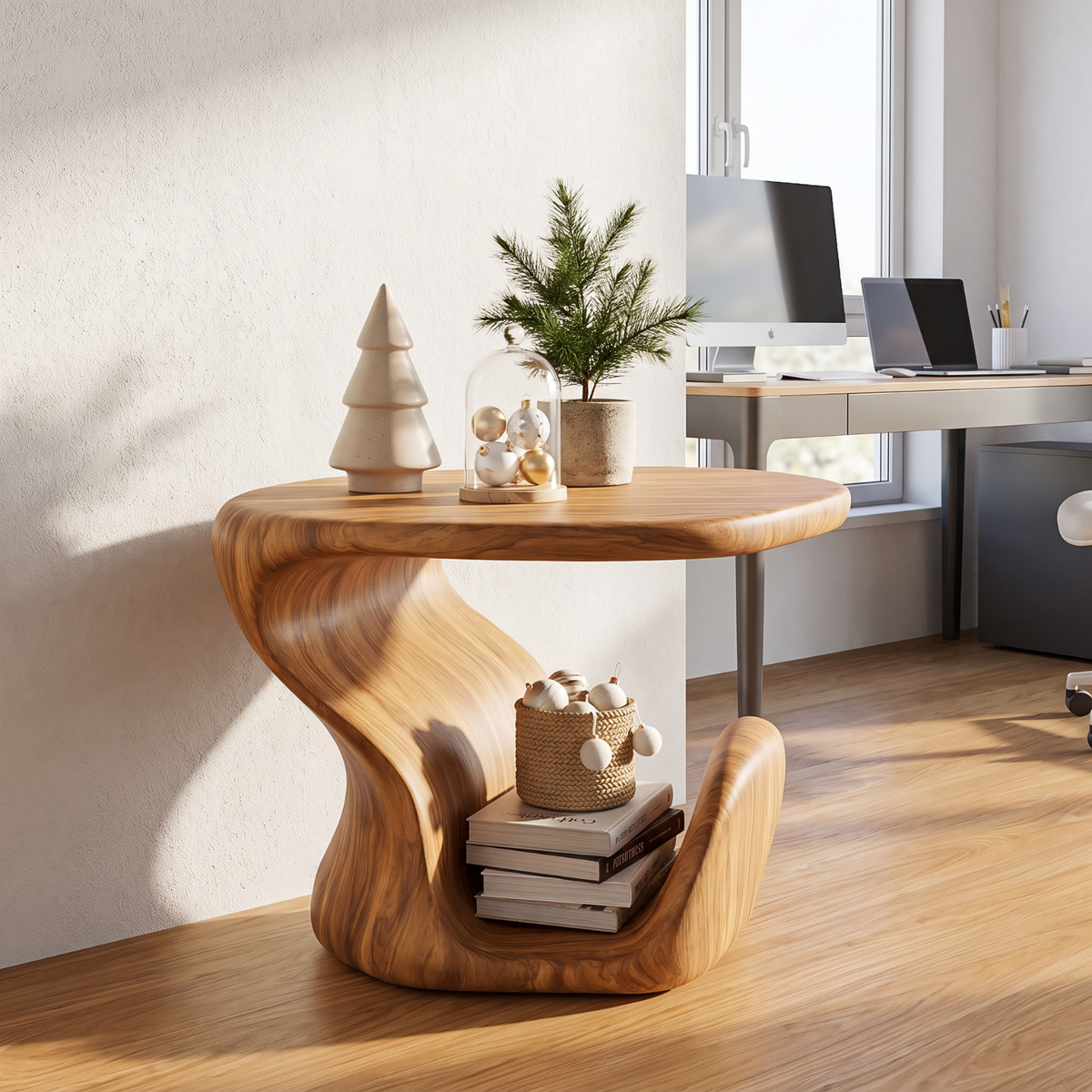 Sculptural Solid Wood Side Table with Curved Vinyl Record Storage
