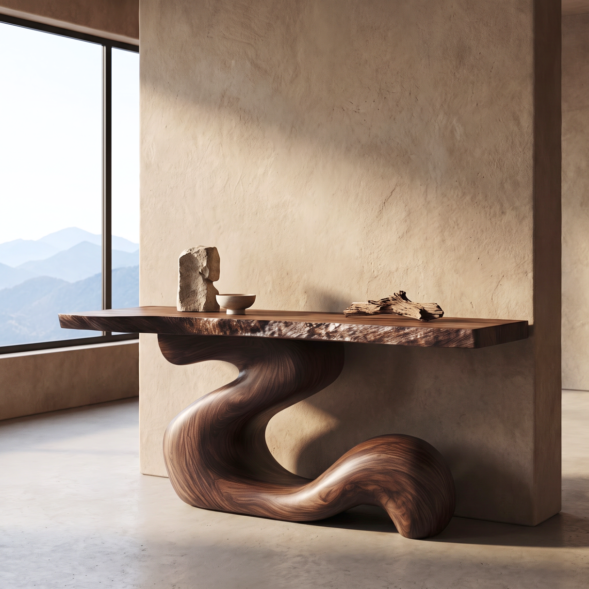 Console Table Solid Wood with Sculptural S Curve Base for Entryway Decor