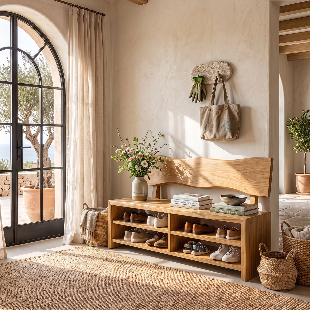 Handcrafted Solid Wood Shoe Cabinet with Open Shelves and Organic Backrest