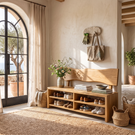 Handcrafted Solid Wood Shoe Cabinet with Open Shelves and Organic Backrest