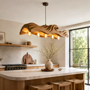 The Handcrafted Organic Wood Pendant Light with Wave Carved Form and Exposed Bulbs