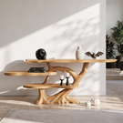 Handcrafted Solid Wood Console Table with Tiered Shelves and Sculptural Tree Base
