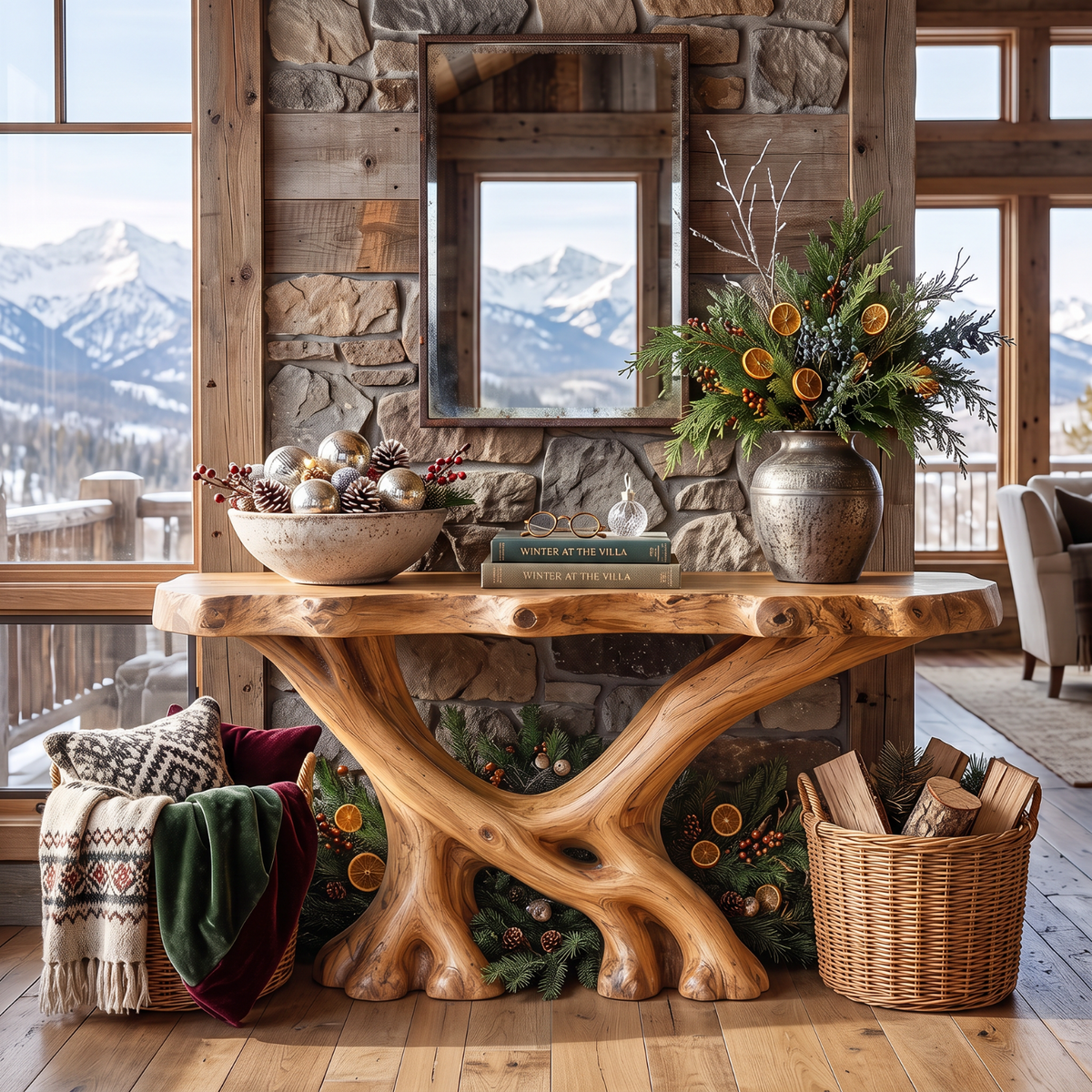 Rustic Solid Wood Console Table with Sculptural Crossed Branch Base