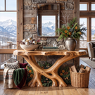 Rustic Solid Wood Console Table with Sculptural Crossed Branch Base