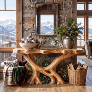 Rustic Solid Wood Console Table with Sculptural Crossed Branch Base