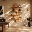 Cascading Solid Wood Wall Wine Rack with Four Sculptural Display Shelves