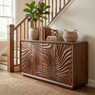 Solid Wood Sideboard Cabinet with Radiating Wave Carved Doors