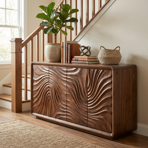 Solid Wood Sideboard Cabinet with Radiating Wave Carved Doors