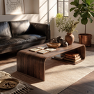 Solid Wood Coffee Table with Curved Waterfall Frame and Shelf