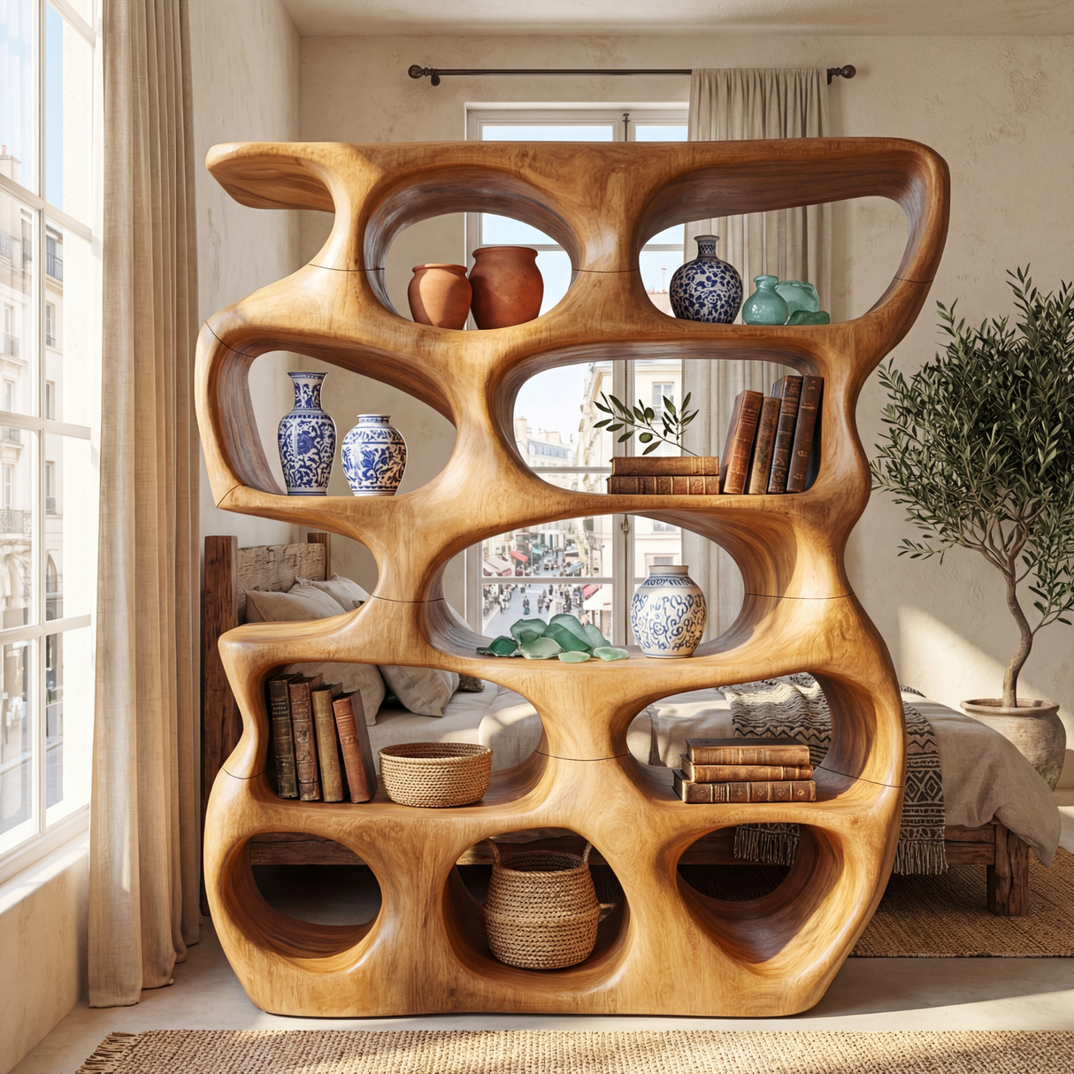 Abstract Organic Wood Display Shelf with Rounded Open Niches and Sculptural Form