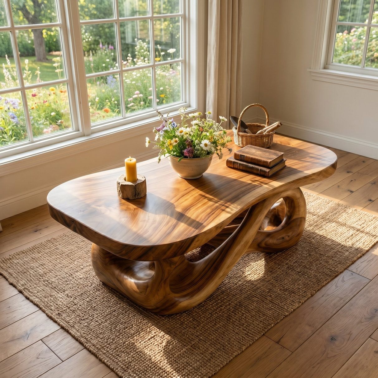 Hand-Carved Solid Wood Coffee Table with Flowing Hollow Base and Natural Slab Top