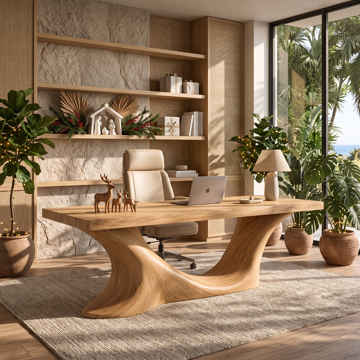 Handcrafted Solid Wood Executive Desk with Sculptural Wave Base