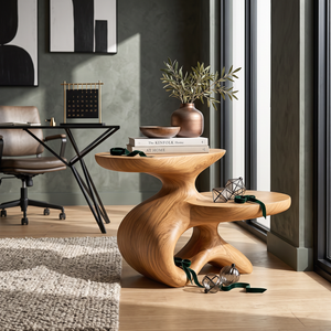 Sculptural Solid Wood Side Table with Two Tier Shelves and Organic Loop Base