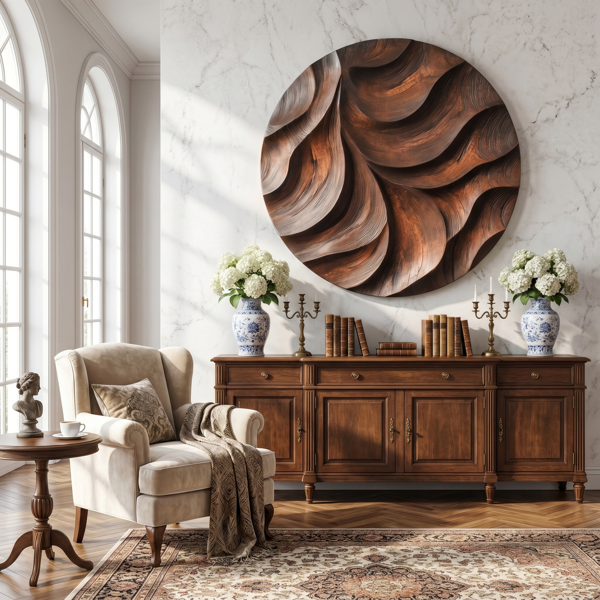 Solid Wood Oval Wall Art with Deep Carved Wave Relief and Organic Flow Design