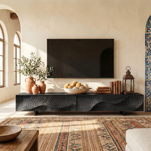 Architectural Wood TV Cabinet with Flowing Relief Front