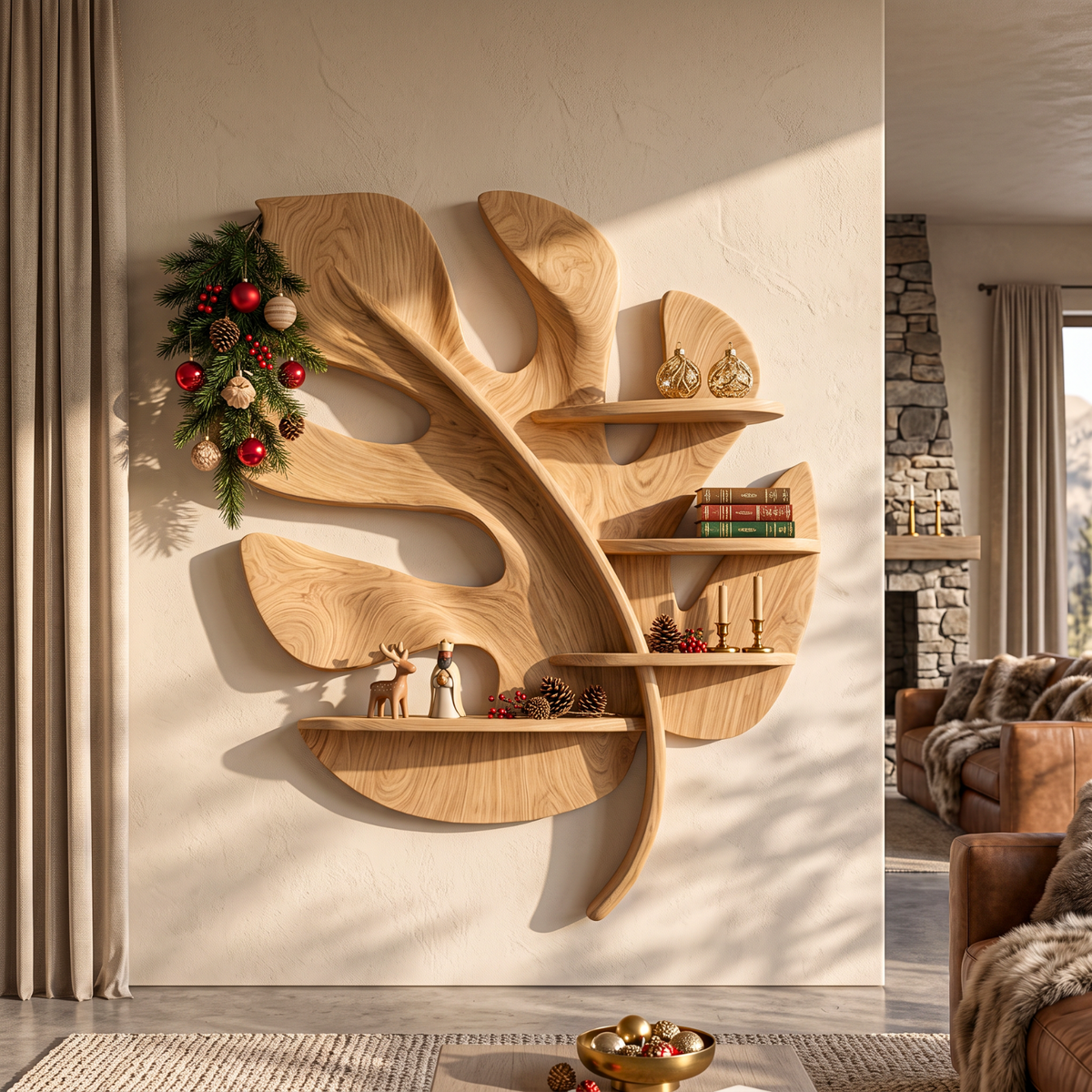 Tropical Leaf Solid Wood Wall Shelf with Sculptural Branch Display Design