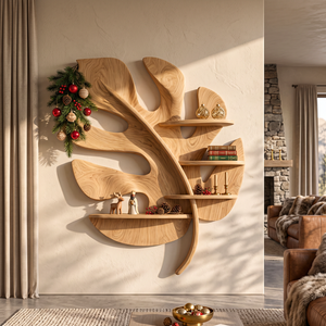 Tropical Leaf Solid Wood Wall Shelf with Sculptural Branch Display Design