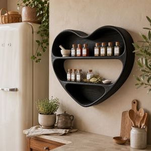 Handcrafted Heart-Shaped Wood Wall Spice Rack with Sculptural Three-Tier Shelves