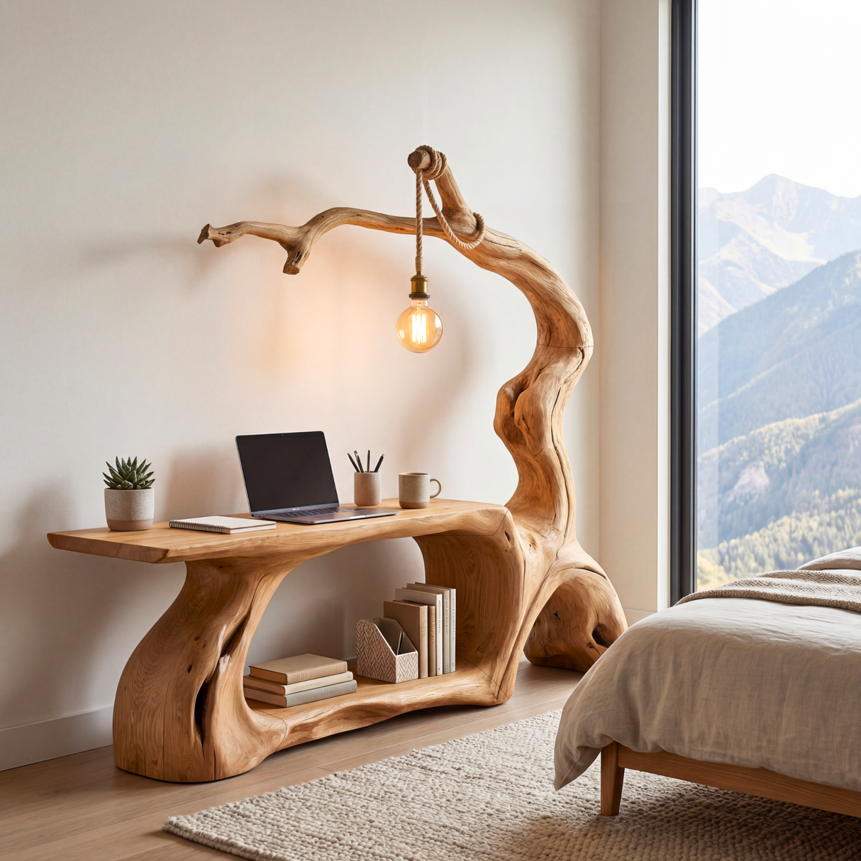 Solid Wood Desk with Hanging Light Tree Inspired Reading Table Organic