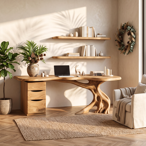 Live Edge Solid Wood Desk with Sculptural Tree Base and Three Drawer Storage