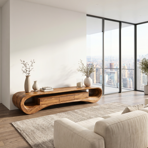 Organic Solid Wood TV Stand with Wave Frame and Storage Drawers