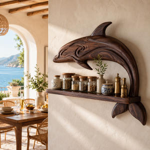 Solid Wood Dolphin Wall Shelf Spice Rack with Long Open Jar Display