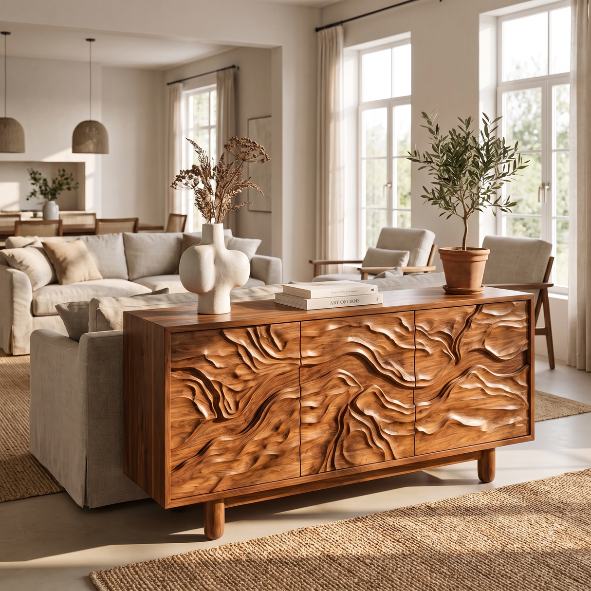 Sideboard Cabinet Solid Wood with Sculpted Flowing Relief Doors