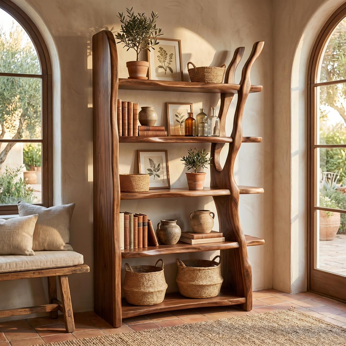 Freestanding Solid Wood Bookshelf with Sculptural Tree Support