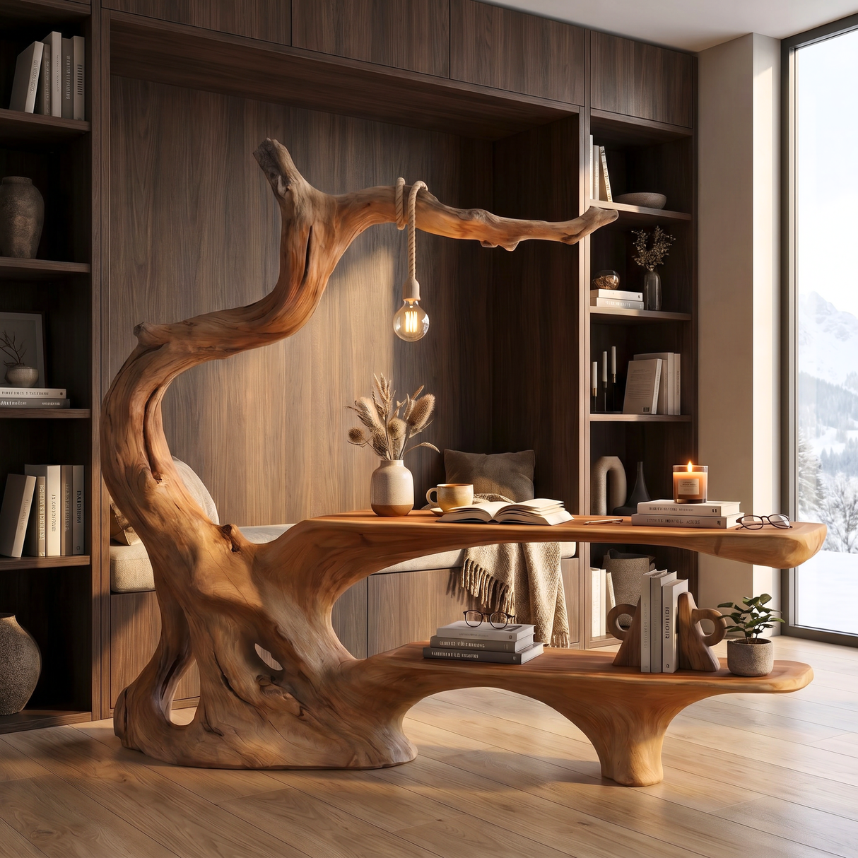 Organic Tree Root Office Desk With Floating Shelf And Hanging Lamp