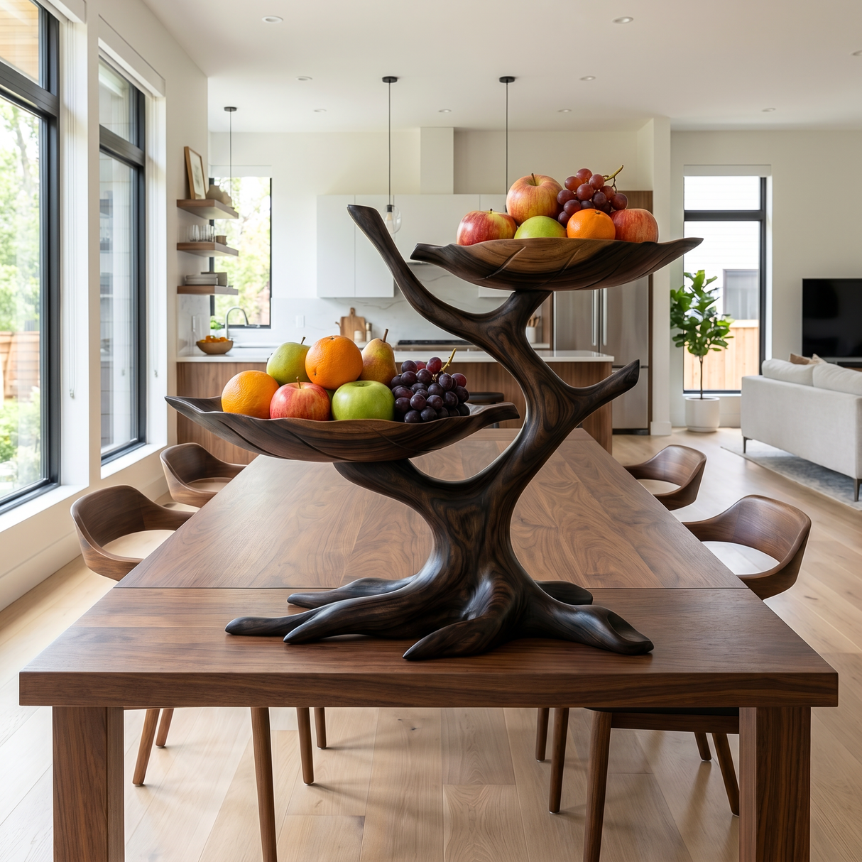 Sculptural Wood Fruit Bowl with Branch-Inspired Stand and Dual Display Bowls