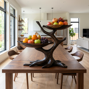 Sculptural Wood Fruit Bowl with Branch-Inspired Stand and Dual Display Bowls