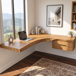 Floating Corner Desk Solid Wood with Live Edge Top and Built-In Drawer for Home Office