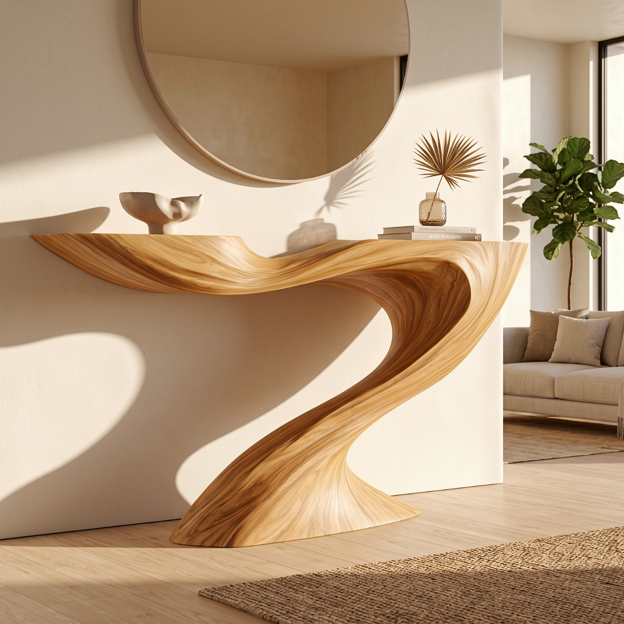 Console Table Solid Wood with Sculptural Swooping Pedestal for Entryway Decor