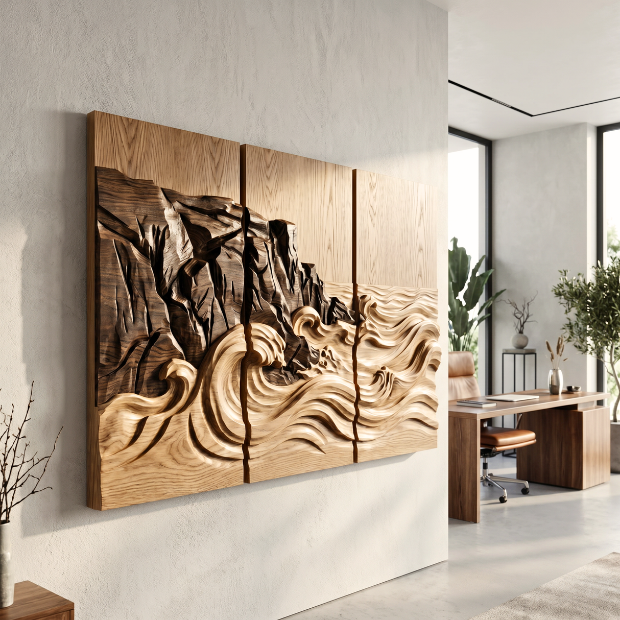 Carved Ocean Wave Triptych Wood Wall Art