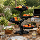 Solid Wood Four-Tier Fruit Display Stand with Sculptural Branch Base and Curved Bowl Trays